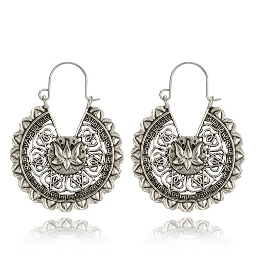 Silver Medallion Lotus Earrings